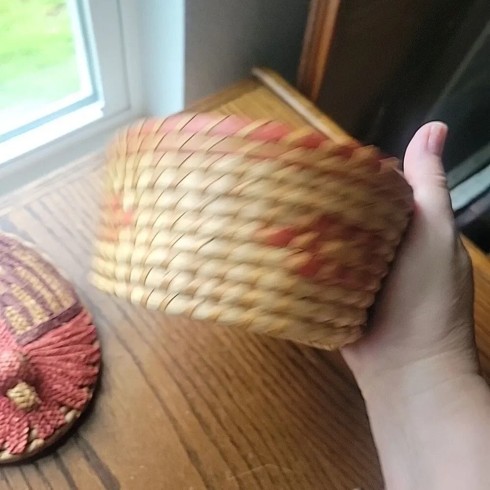 Vintage Rooster Chicken Turkey Bird Woven Wicker Basket with lid on a nest 8x6x4